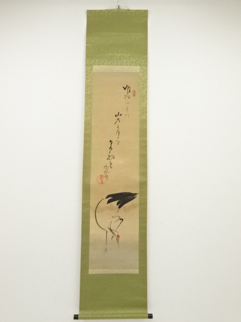 JAPANESE HANGING SCROLL / HAND PAINTED / CRANE & HAIKU POEM